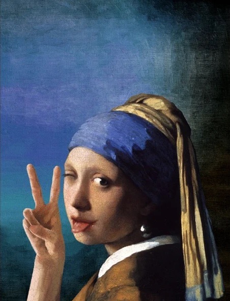 Girl with a Pearl Earring, with a peace sign